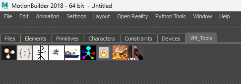 The MoCap Tools shelf (labeled VM_Tools) in MotionBuilder 2018