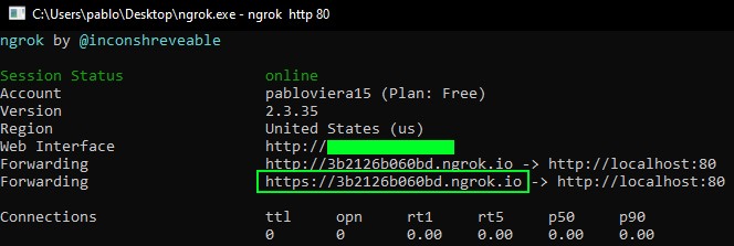 Ngrok console showing the HTTPS forwarding URL pointed at localhost:80